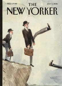 an image from the cover of the New Yorker displaying a drawing of two men in suits and top hats holding briefcases. One man is on the ledge of a cliff lifting his leg to step over the gap