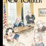an image from the cover of the New Yorker displaying a drawing of George bush and four of his associates in the Oval Office having a discussion