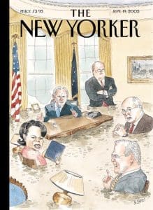 an image from the cover of the New Yorker displaying a drawing of George bush and four of his associates in the Oval Office having a discussion