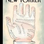 an image from the cover of the New Yorker displaying a drawing of a palm facing hand with writing on it