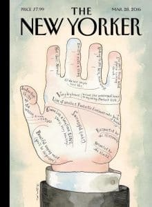 an image from the cover of the New Yorker displaying a drawing of a palm facing hand with writing on it