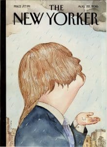 an image from the cover of the New Yorker displaying a drawing of a man with wet hair standing in the rain holding his hand up to catch water
