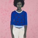 a painting by Amy sherald of a young girl with curly hair wearing a blue shirt with cherries and white jeans on a pink patterned background