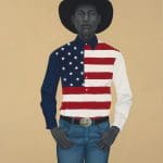 a painting by Amy sherald of a man in a cowboy hat wearing an American flag button up shirt a belt with a horse on the buckle and blue jeans on a tan background