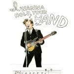 a drawing of a man singing and playing the guitar with a music notes below him and words above him that read "I wanna hold your hand"