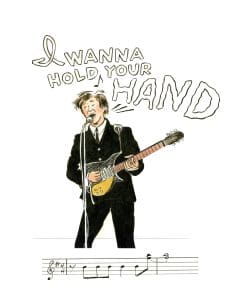a drawing of a man singing and playing the guitar with a music notes below him and words above him that read "I wanna hold your hand"