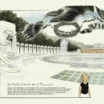 a drawing of a woman looking up at eagles in the sky at the World War Two memorial in Washington DC