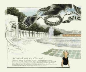 a drawing of a woman looking up at eagles in the sky at the World War Two memorial in Washington DC