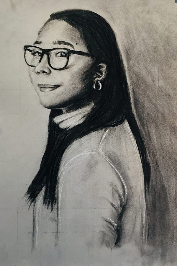 portrait drawing of woman with glasses