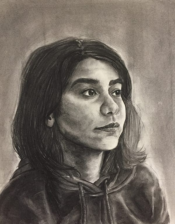 portrait drawing of woman with long dark hair