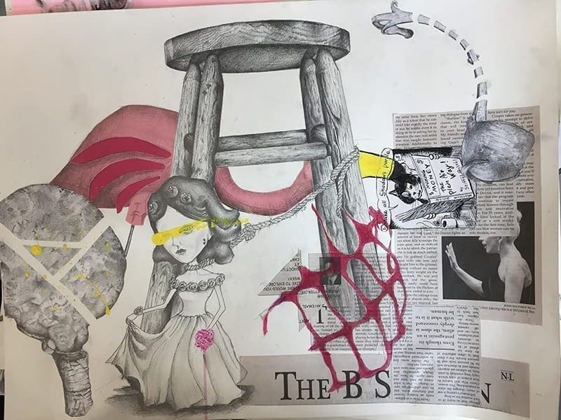 collage with stool and dolls
