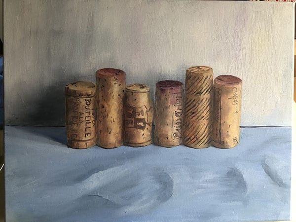 painting of wine corks in a row