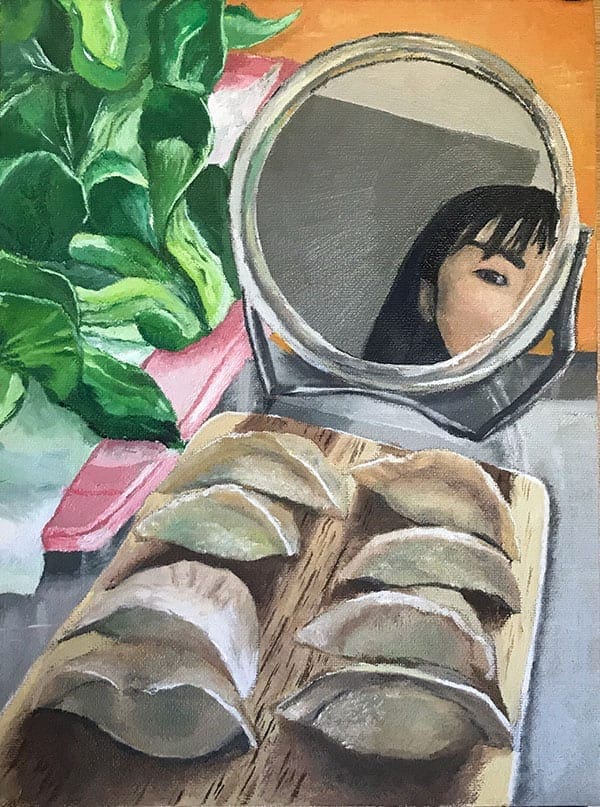 painting of dumplings with reflection of a woman