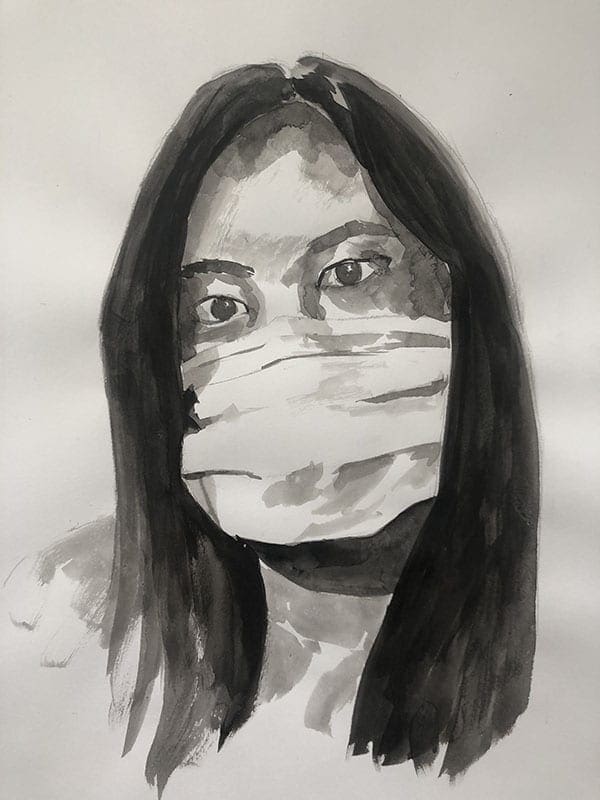 drawing of woman with medical mask