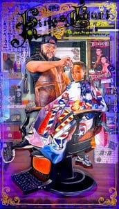 Image of realistic painting with purple hues and a man with a full face beard wearing a backwards black baseball cap, a black t shirt, and a brown apron and blue and white sneakers combing the hair of a young boy sitting in a orange and black barber shop chair wearing black and white sneakers and covered with a colorful apron with a mix of superhero imagery and barber shop icons. Both subjects are in a realistically painted barber shop with a wooden floor and hair cutting tools and supplies behind them, along with a mirror, a poster of Muhammad Ali and a poster of different hair style options on the wall behind the subjects. Green, yellow, and black text is painted across the top of the image that reads the kings of court barbershop with decorative yellow, orange and gold designs around the text and around the border of the painting.