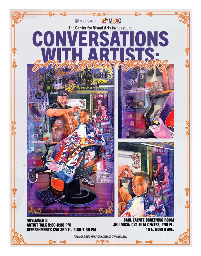 Flyer with an image of realistic painting with purple hues and a man with a full face beard wearing a backwards black baseball cap, a black t shirt, and a brown apron and blue and white sneakers combing the hair of a young boy sitting in a orange and black barber shop chair wearing black and white sneakers and covered with a colorful apron with a mix of superhero imagery and barber shop icons. Both subjects are in a realistically painted barber shop with a wooden floor and hair cutting tools and supplies behind them, along with a mirror, a poster of Muhammad Ali and a poster of different hair style options on the wall behind the subjects. Green, yellow, and black text is painted across the top of the image that reads the kings of court barbershop with decorative yellow, orange and gold designs around the text and around the border of the painting. To the right of the painting are close up images selected from the original painting. 