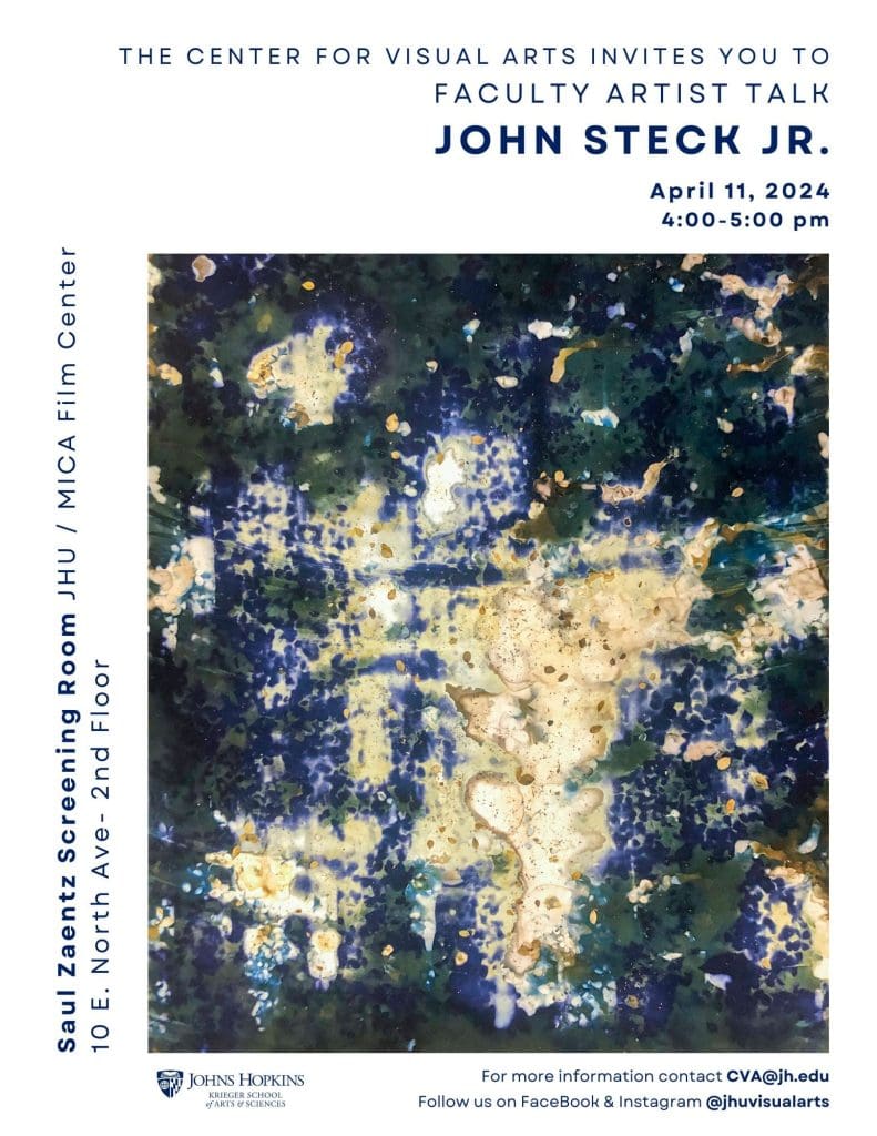 Poster for Conversation with artists event with abstract image of blue, gold, and green colors.