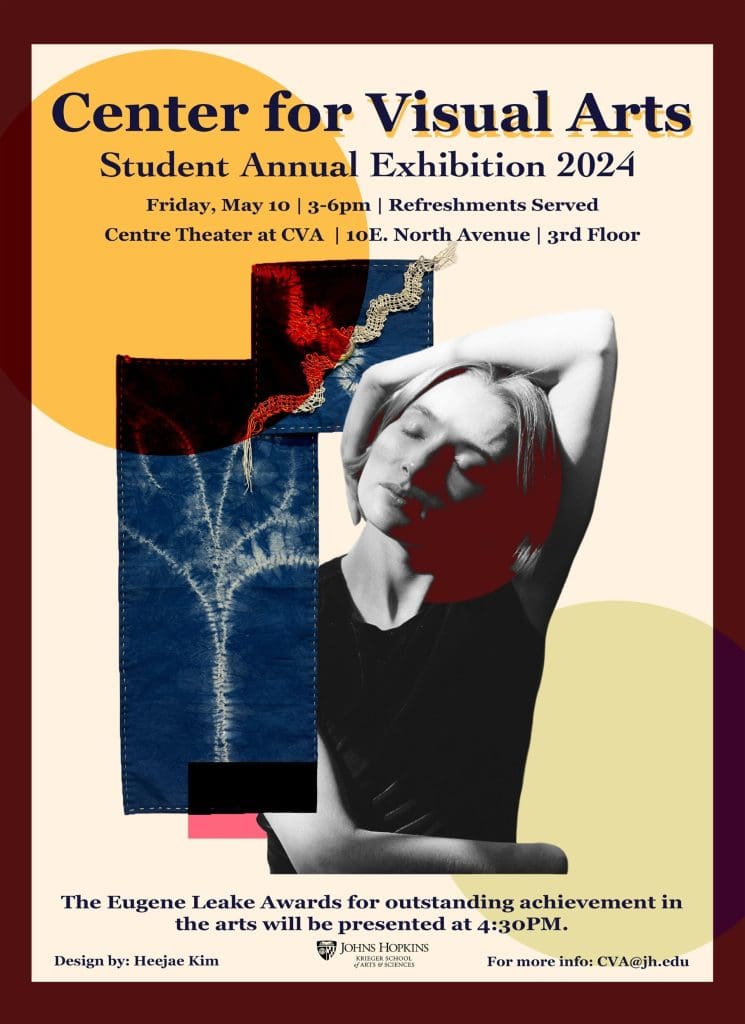 Poster design for student exhibition with a portrait of a girl in front of a collage background