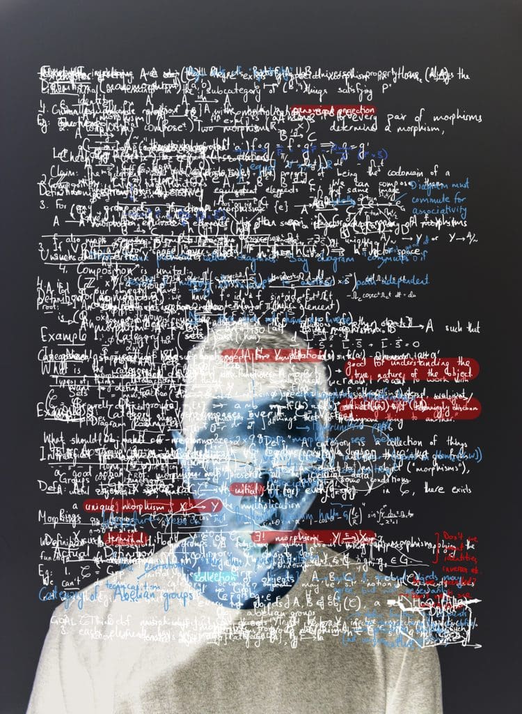 a longhand math word problem written over an inverted image of a man with a blue face