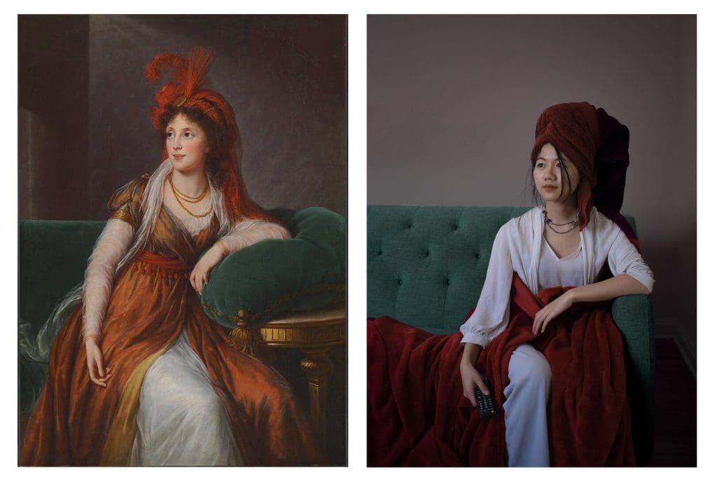 Color image diptych, image on the right painting of woman wearing red on a green couch, image on left a photographic replica created by a student