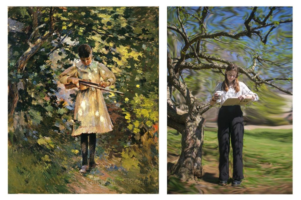 Color image diptych, image on the right painting of woman standing in front of a teach with a violin, image on left a photographic replica created by a student