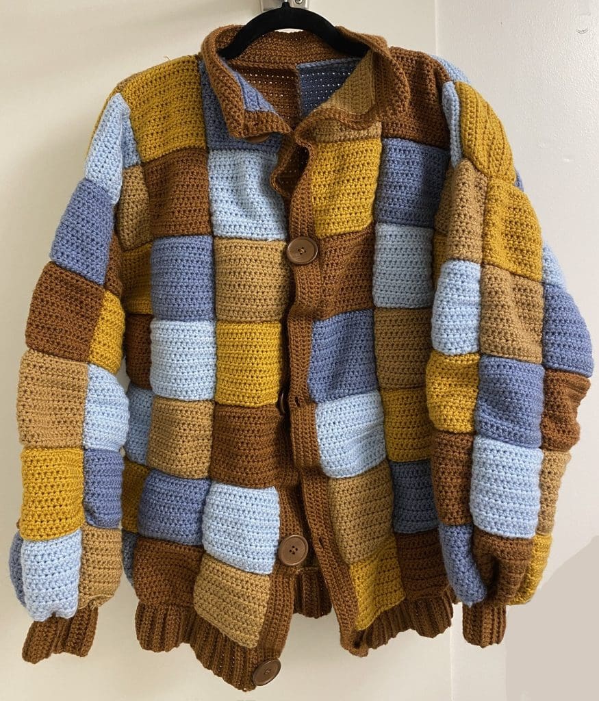 crochet blue brown and yellow paneled sweater