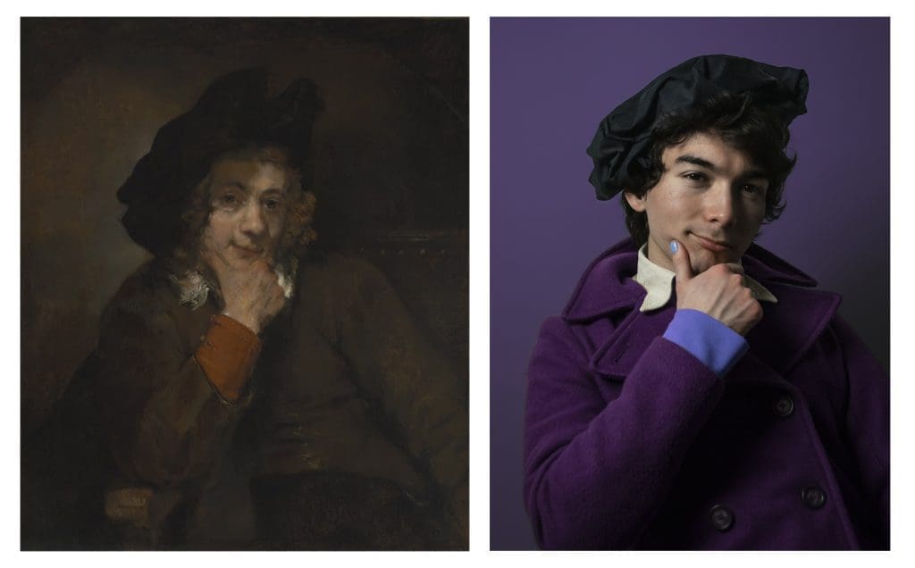 Color image diptych, image on the right painting of a man wearing a black hat with his hand on his chin, image on left a photographic replica created by a student