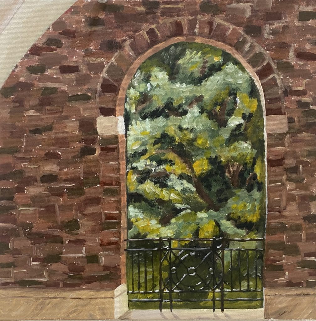 painting of a brick doorway with trees on the other side