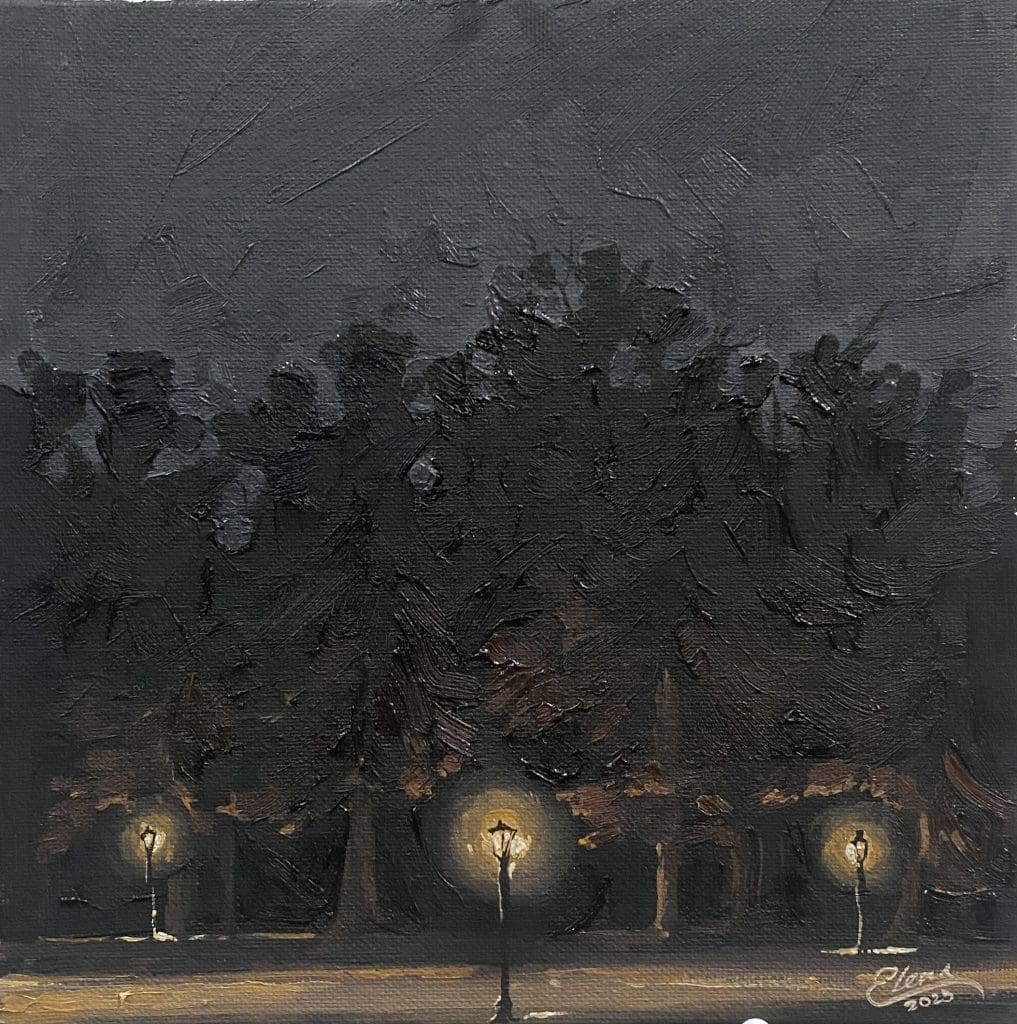 night landscape painting of trees and three lamp posts