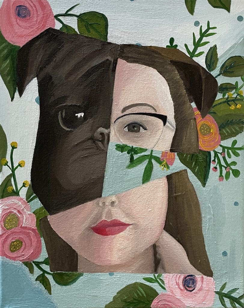 painting of a girl and dog combined abstractly with flowers in the background 