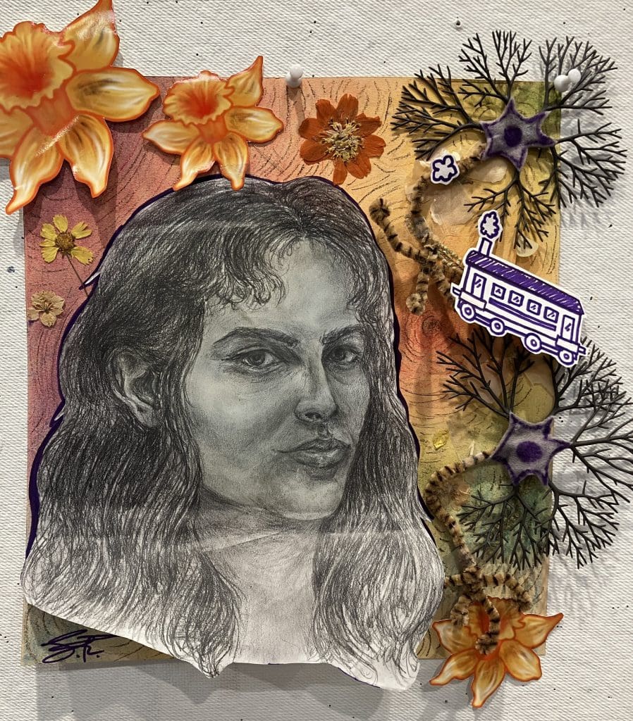 student self portrait drawing with flowers and plants