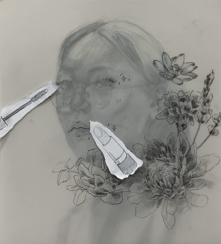 student self portrait drawing of flowers and makeup accessories 