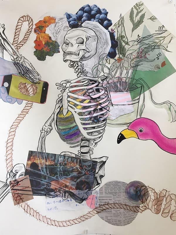 collage of drawings including a skeleton grapes flamingo and other objects