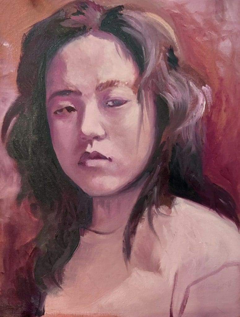 Student self portrait in pink tones