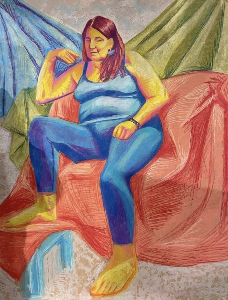 observational drawing of a female model in front of different colored cloth