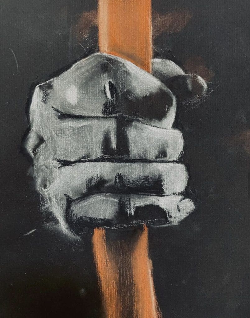 observational drawing of a hand on black paper