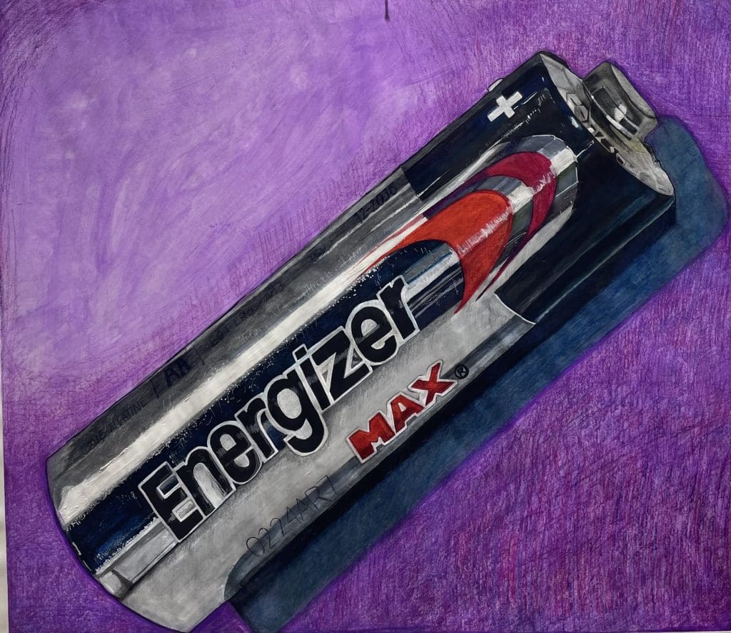 realistic large scale drawing of an energizer battery 