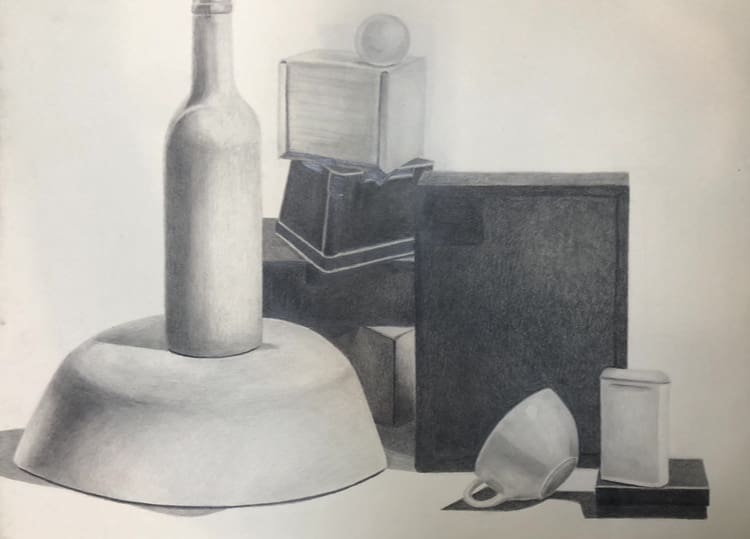 charcoal drawing of a still life with a bottle, sphere and blocks