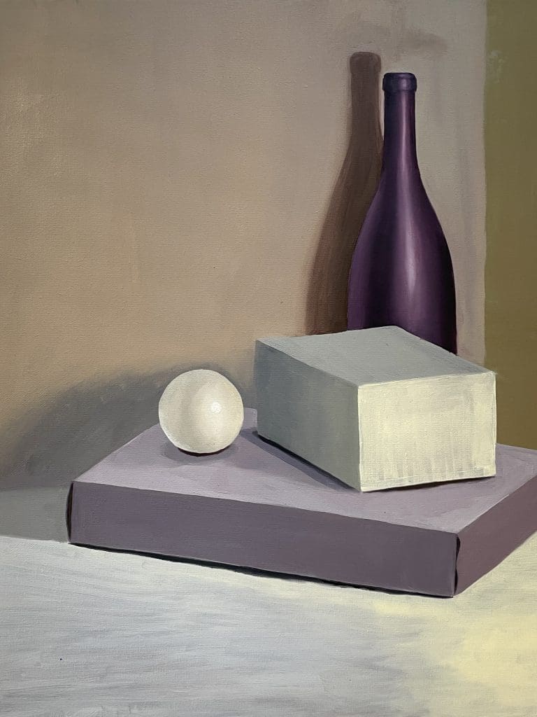 still life painting of a purple bottle white sphere and white box