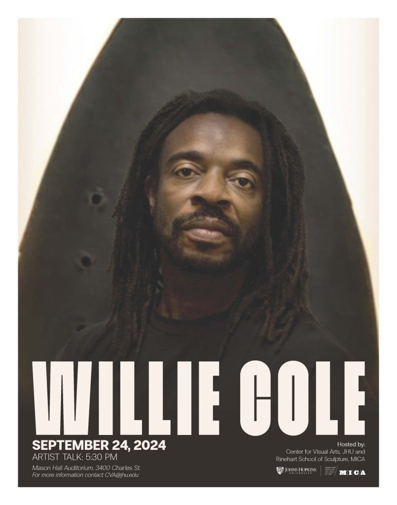 Flyer for Willie Cole Artist talk, artist headshot in front of a white and brown background with text that reads september 24th, 2024 5:30pm