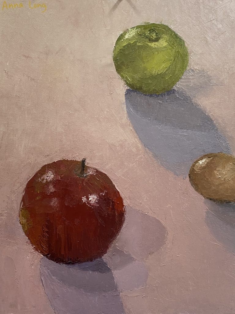 still life of a green and red apple and one kiwi