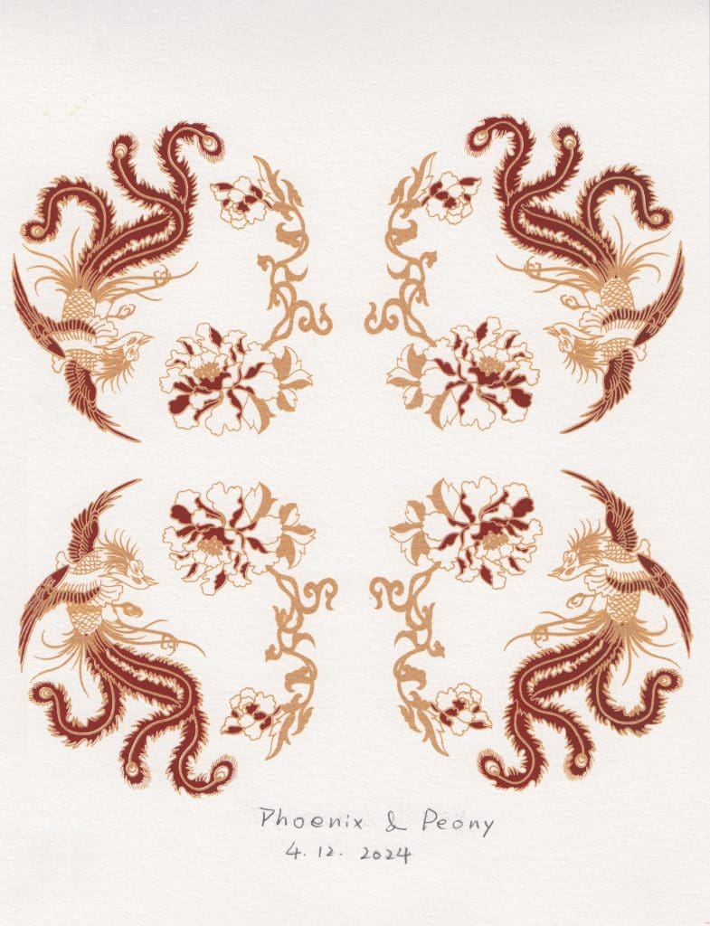 a screen print pattern of golden and maroon birds and flowers