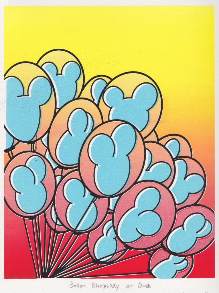 a screen print with blue mickey mouse shaped balloons on a ombre yellow and red background