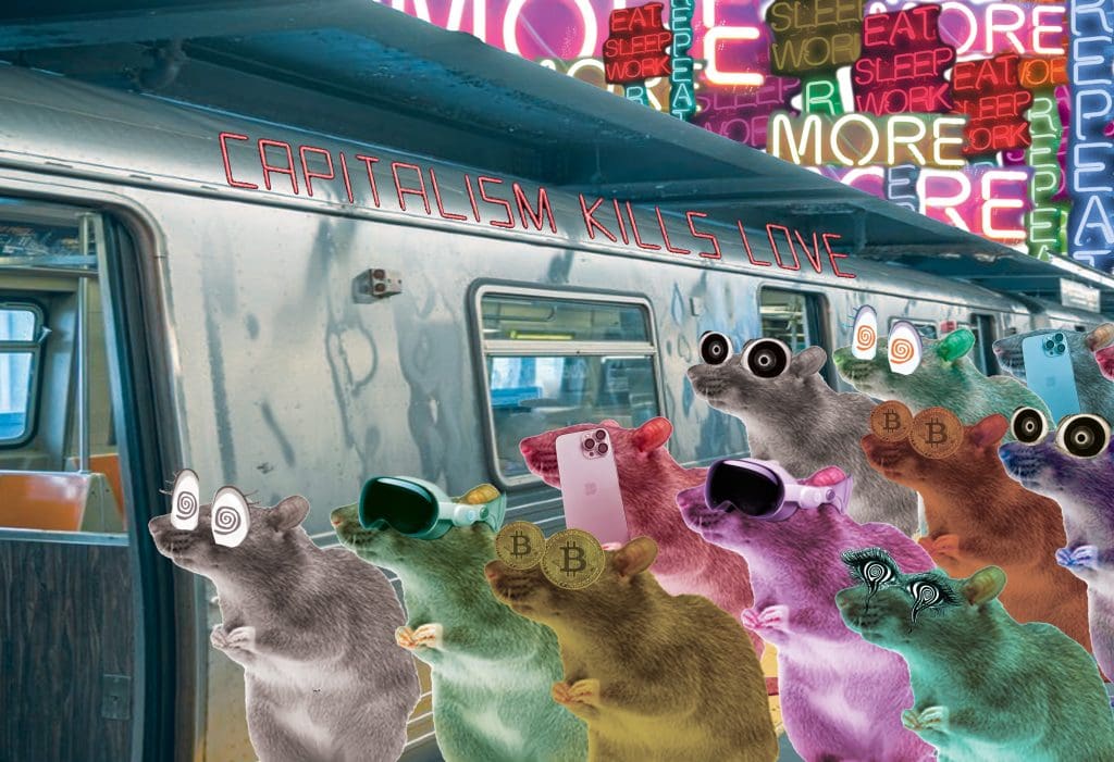 a digital collage of a metro train and a bunch of rats and the words "capitalism kills love" written over the image and neon signs in the background