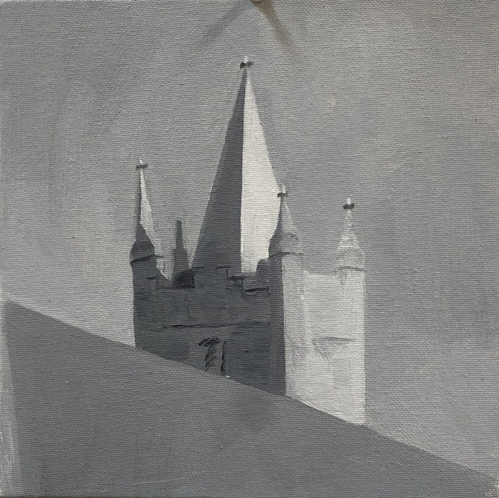 grey toned painting of the roof of a building