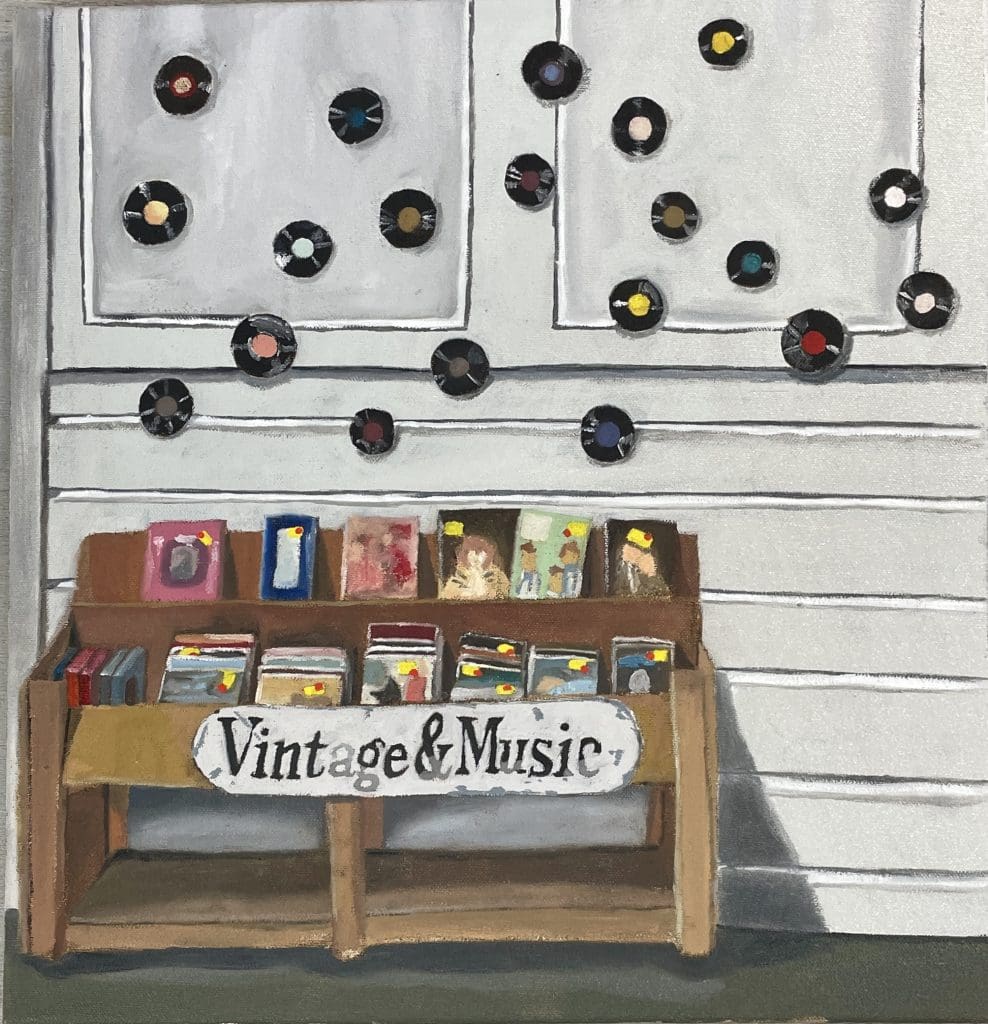 painting of an interior of a record store, records hanging on the walls, and a sign that reads "vintage & music" posted on the front of a wooden shelf with records on display