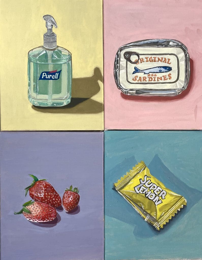 4 paintings from observation, strawberries, sardine can, purell bottle, super lemon candy