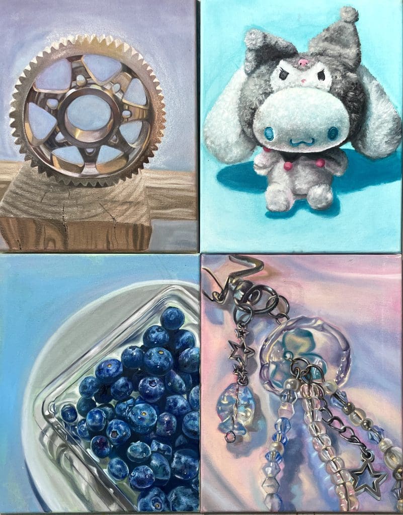 4 paintings from observation, blueberries, keychain, stuffed animal, wheel