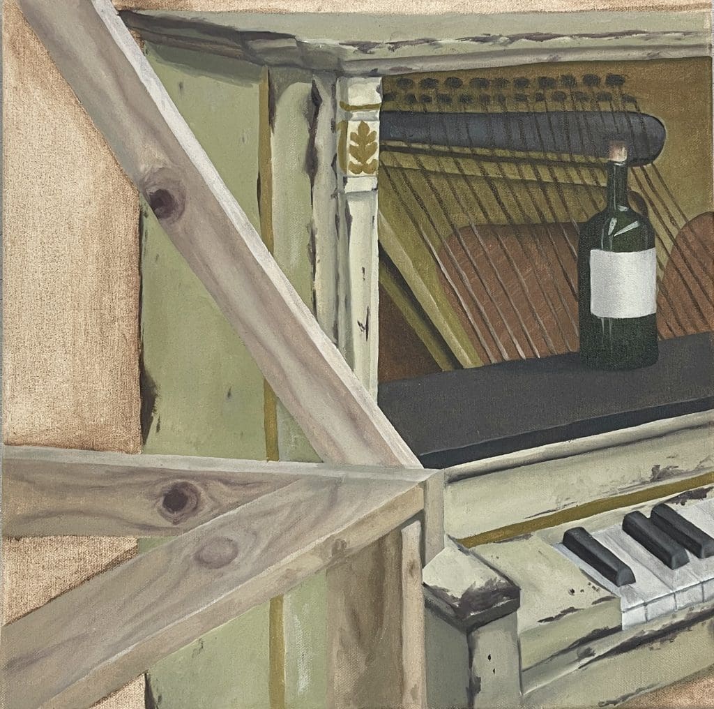 painting of an old green piano with the inside exposed and a wine bottle sitting on the ledge of the opening.