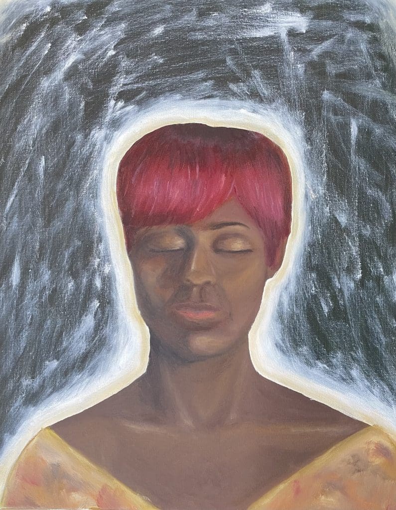 portrait painting of a woman with short red hair with her eyes closed